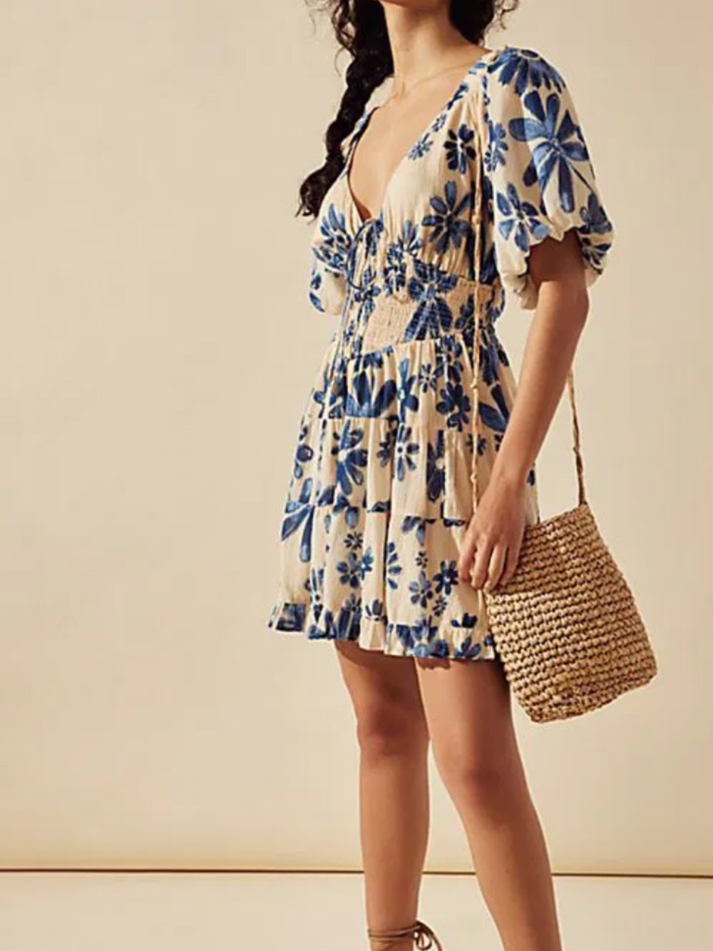 Free People Cream Mini Dress with Blue Floral Print